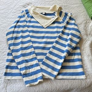 J. Crew Cream and Blue Striped Collared Knit Top